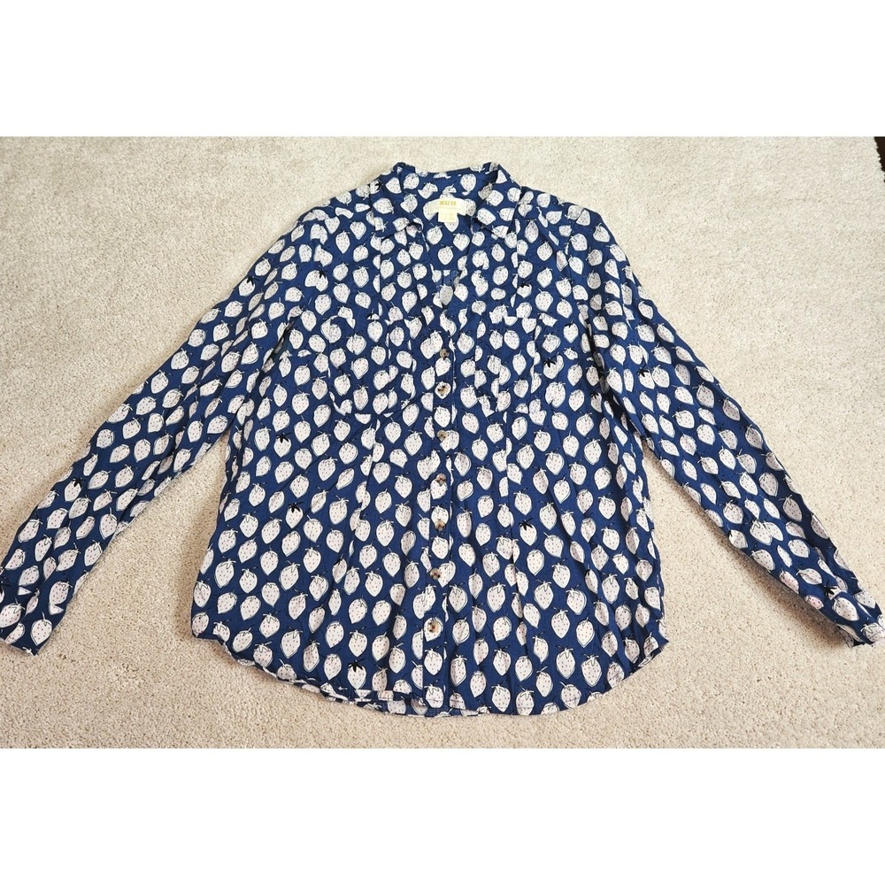 Maeve By Anthropologie Whimsical Strawberry Cottagecore Top Womens 4 Blue White